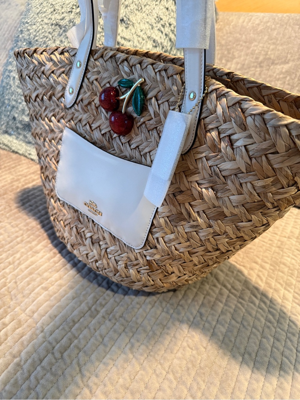 COACH Large Straw Basket Tote with Cherry Charm Natural Chalk Leather RARE NWT - Picture 3 of 11